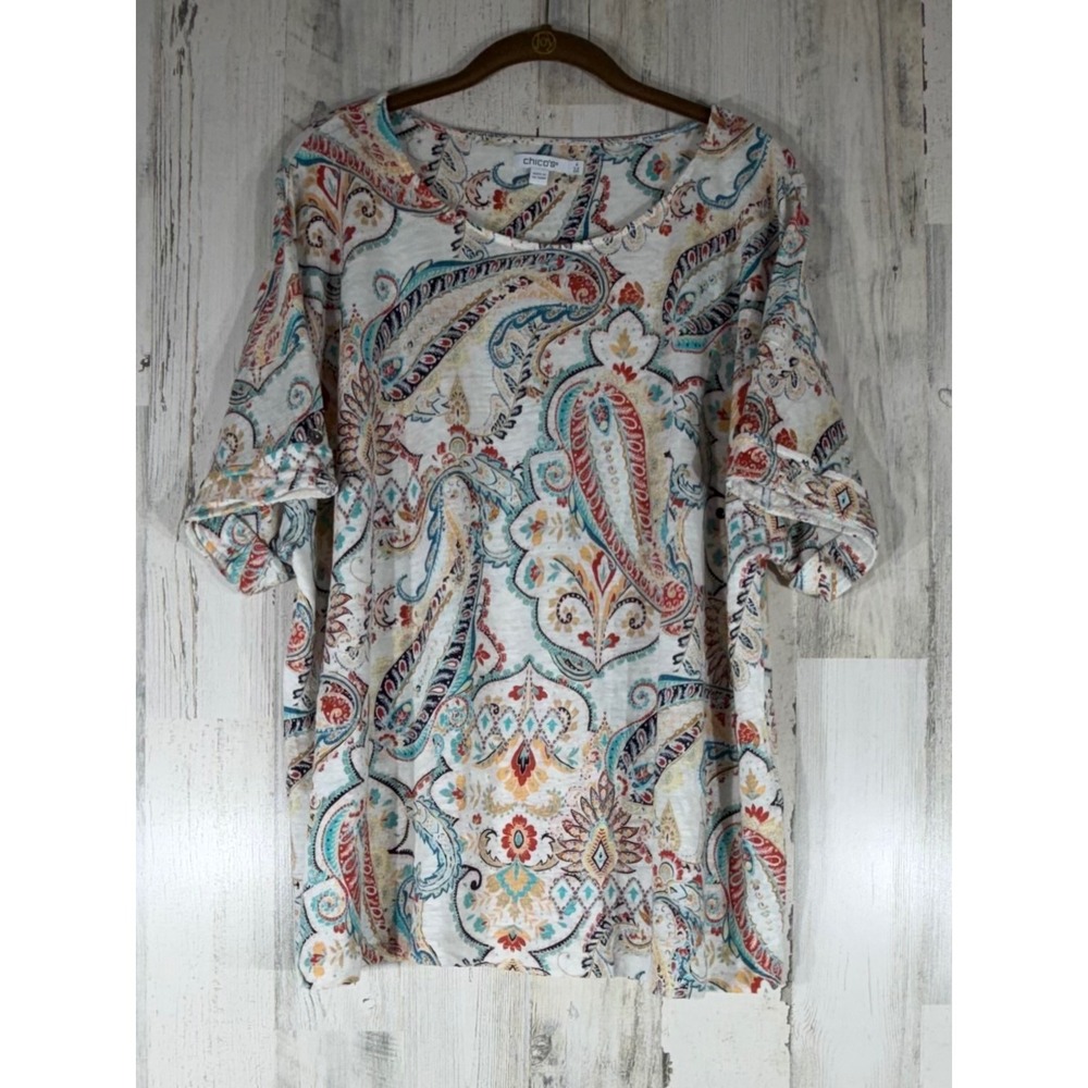 Chicos Linen Jersey Paisley Top Size 4 or XXL Multicolor Short Sleeve Scoop Neck